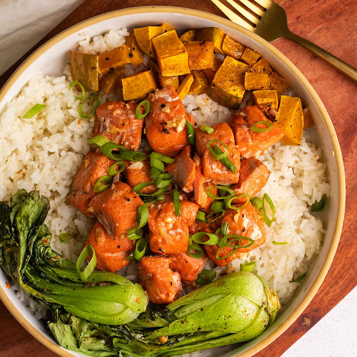 baked honey garlic salmon bites with honeynut squash