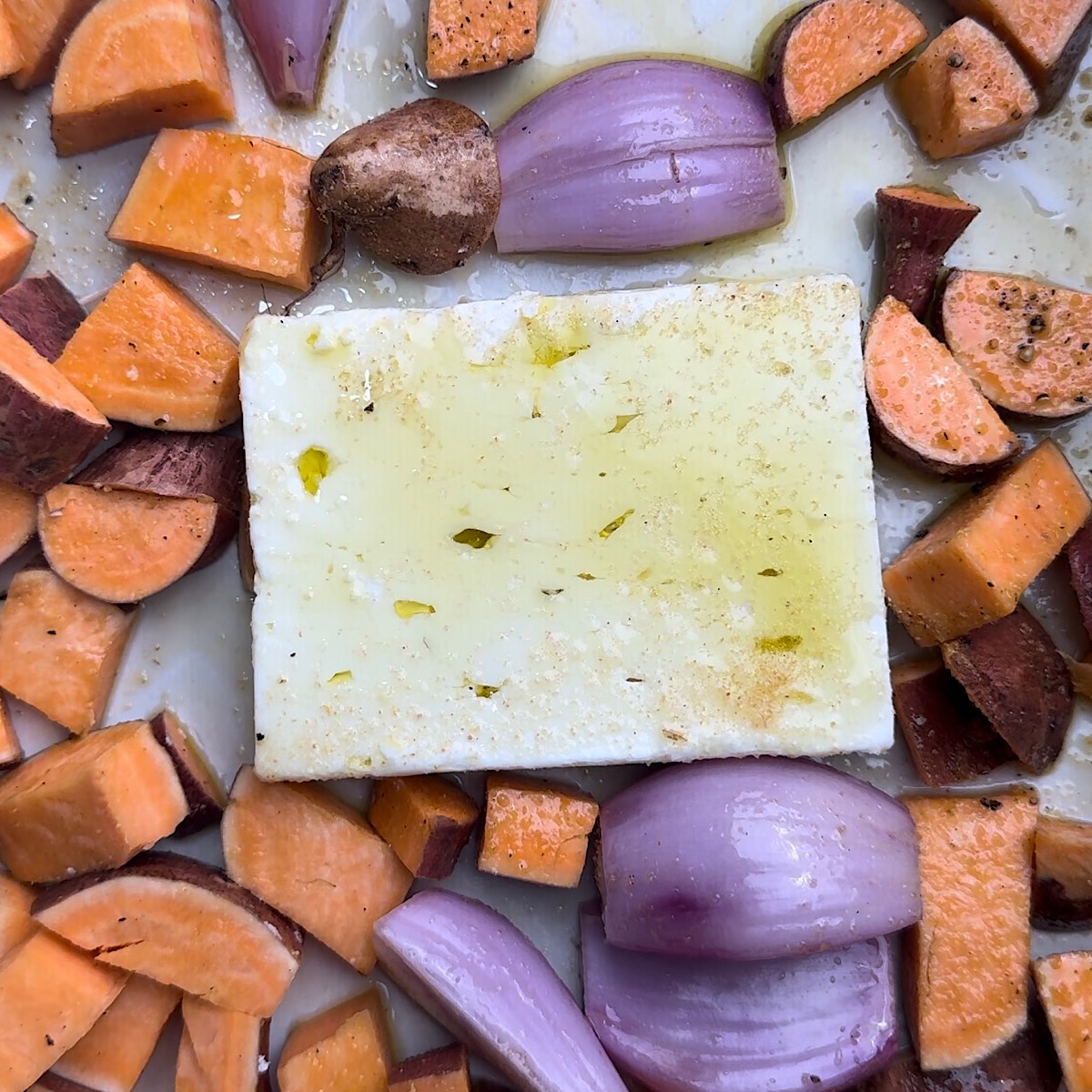 feta and sweet potato on sheet pan