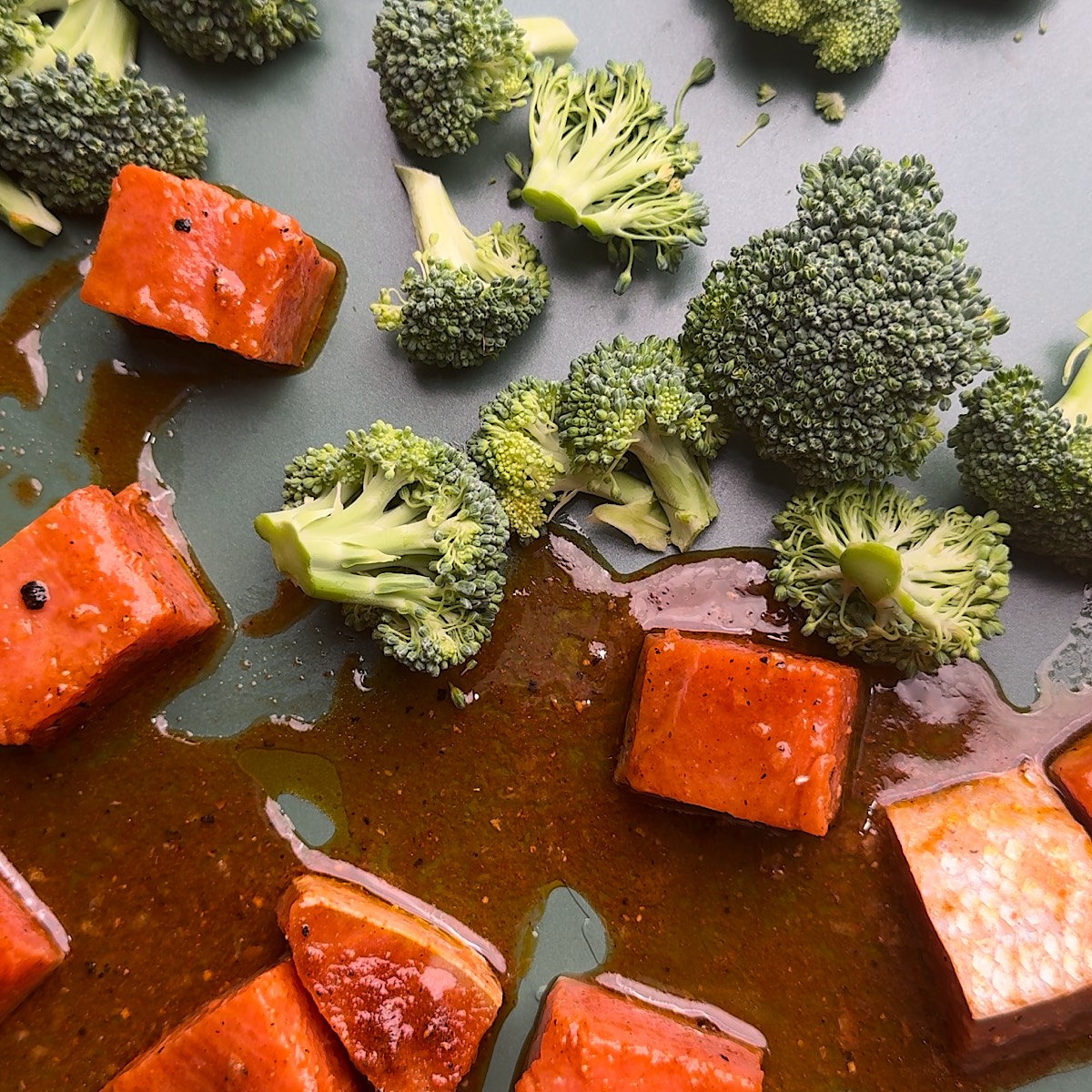 broccoli and salmon on sheet pan