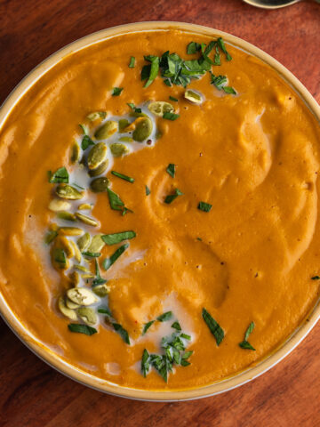 creamy carrot harissa red lentil soup