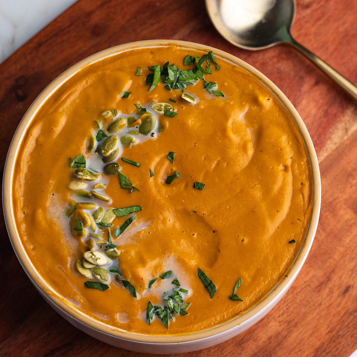 Creamy Carrot Red Lentil Soup with Harissa