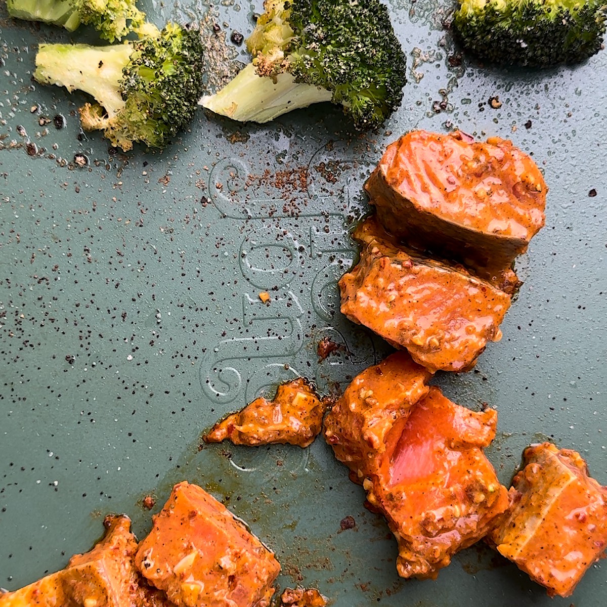 salmon and broccoli on sheet pan