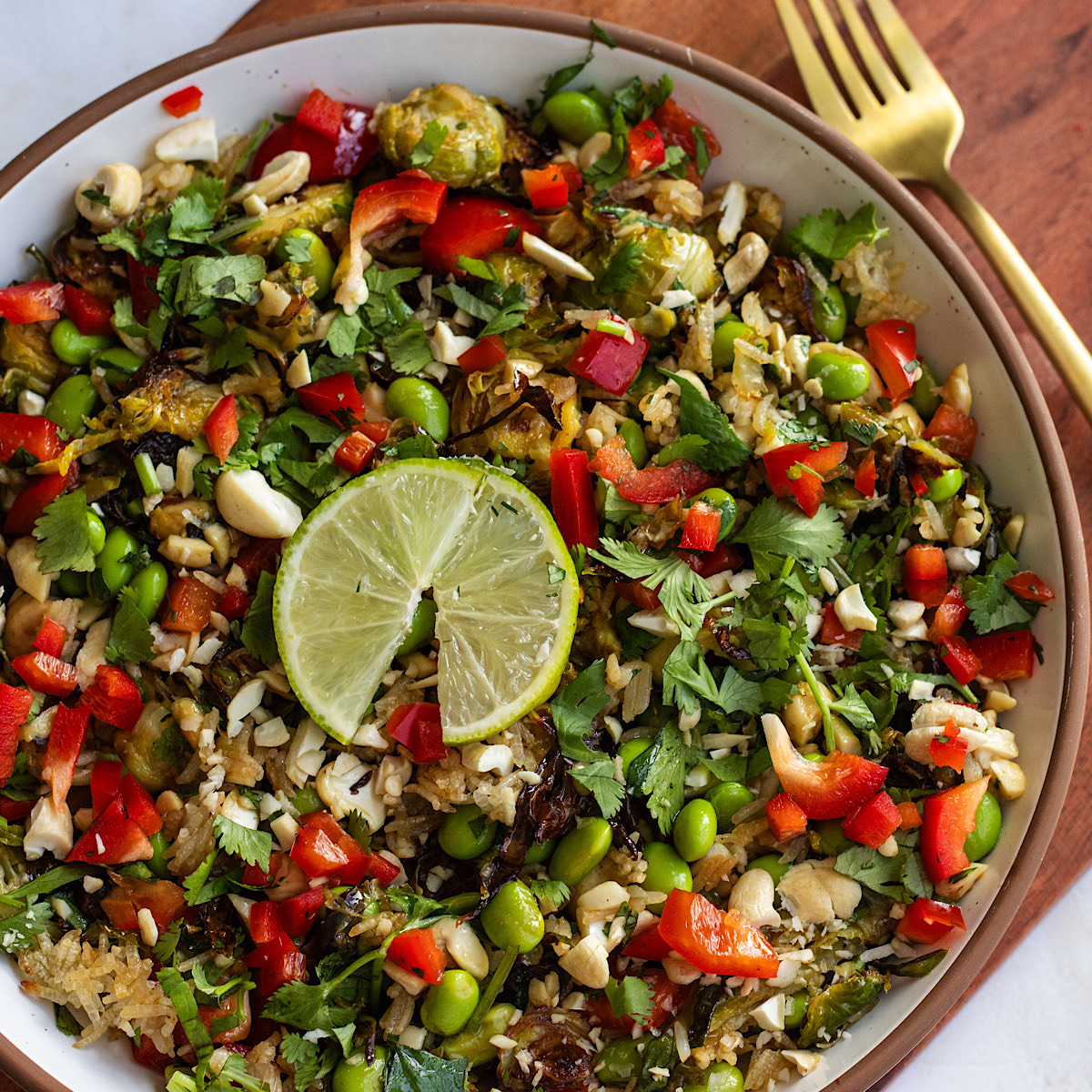 baked brussels sprouts and crispy rice salad