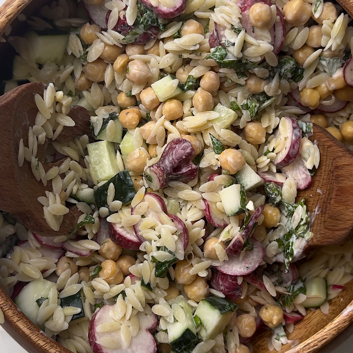 orzo salad in bowl