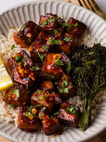 honey harissa tofu with broccolini