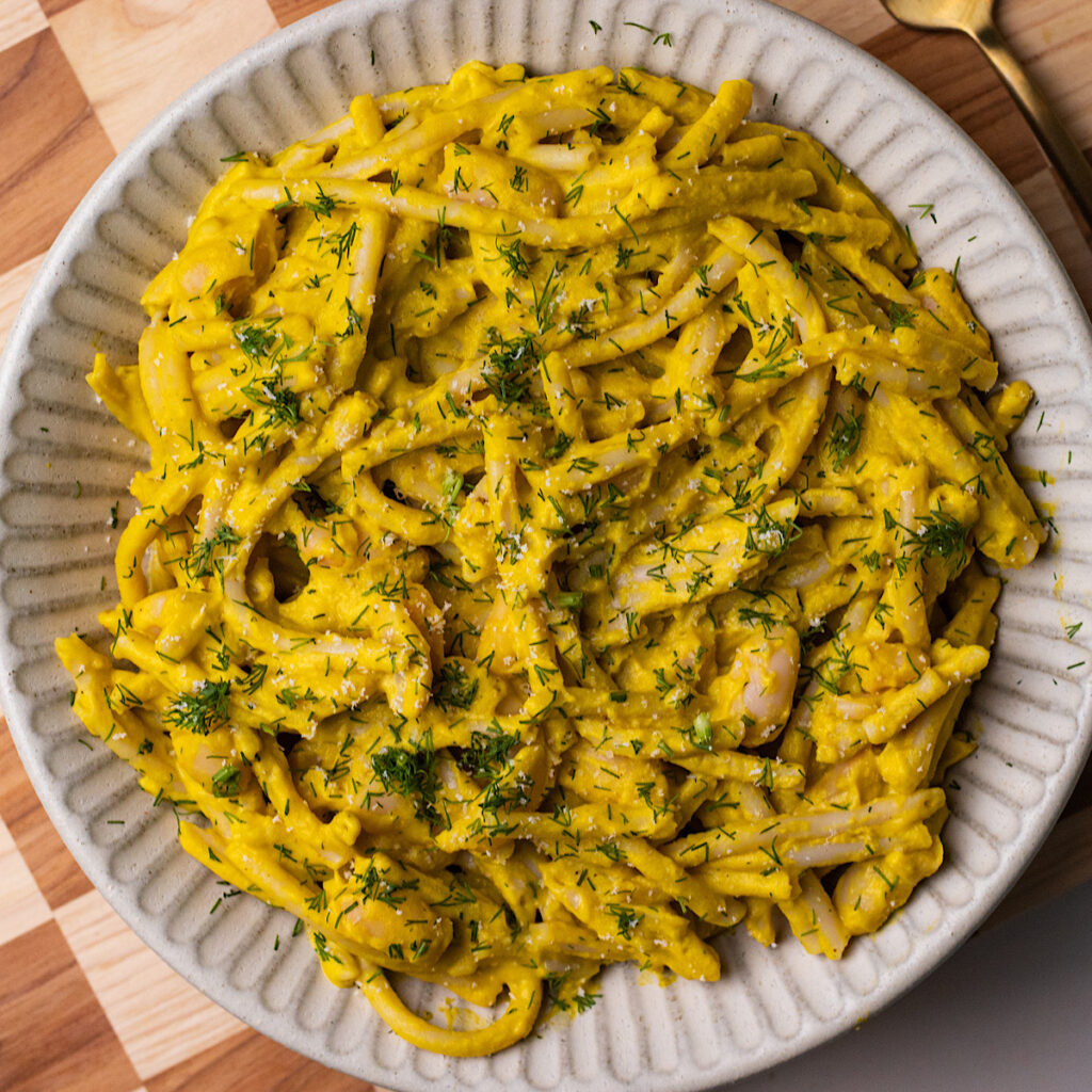 baked carrot feta pasta with white beans