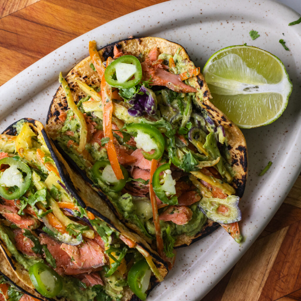 hot honey salmon tacos with bell pepper slaw