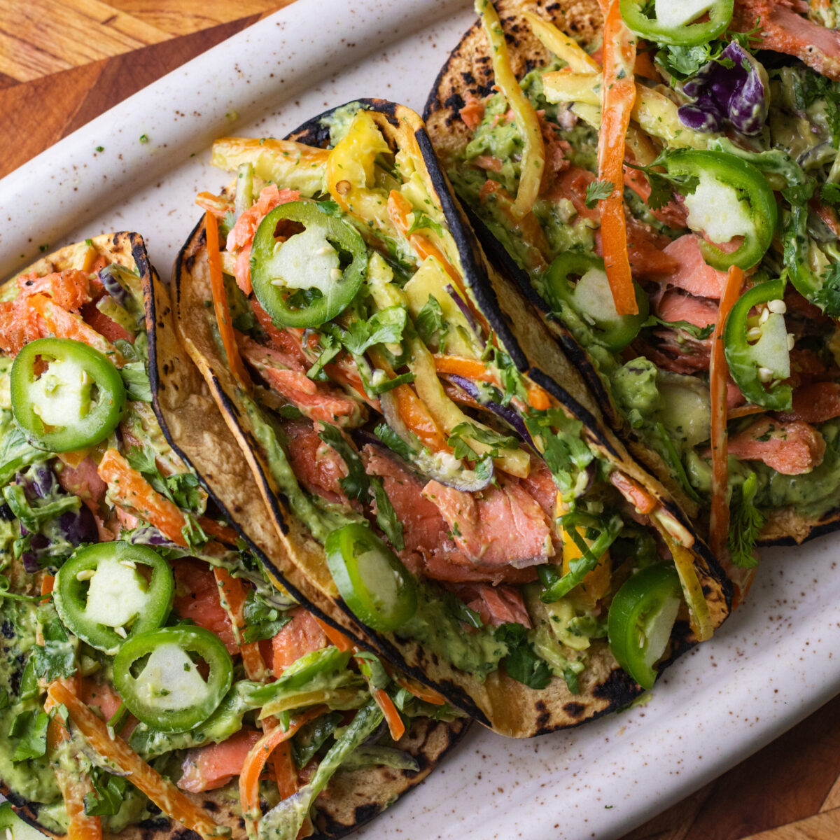 hot honey salmon tacos with bell pepper slaw