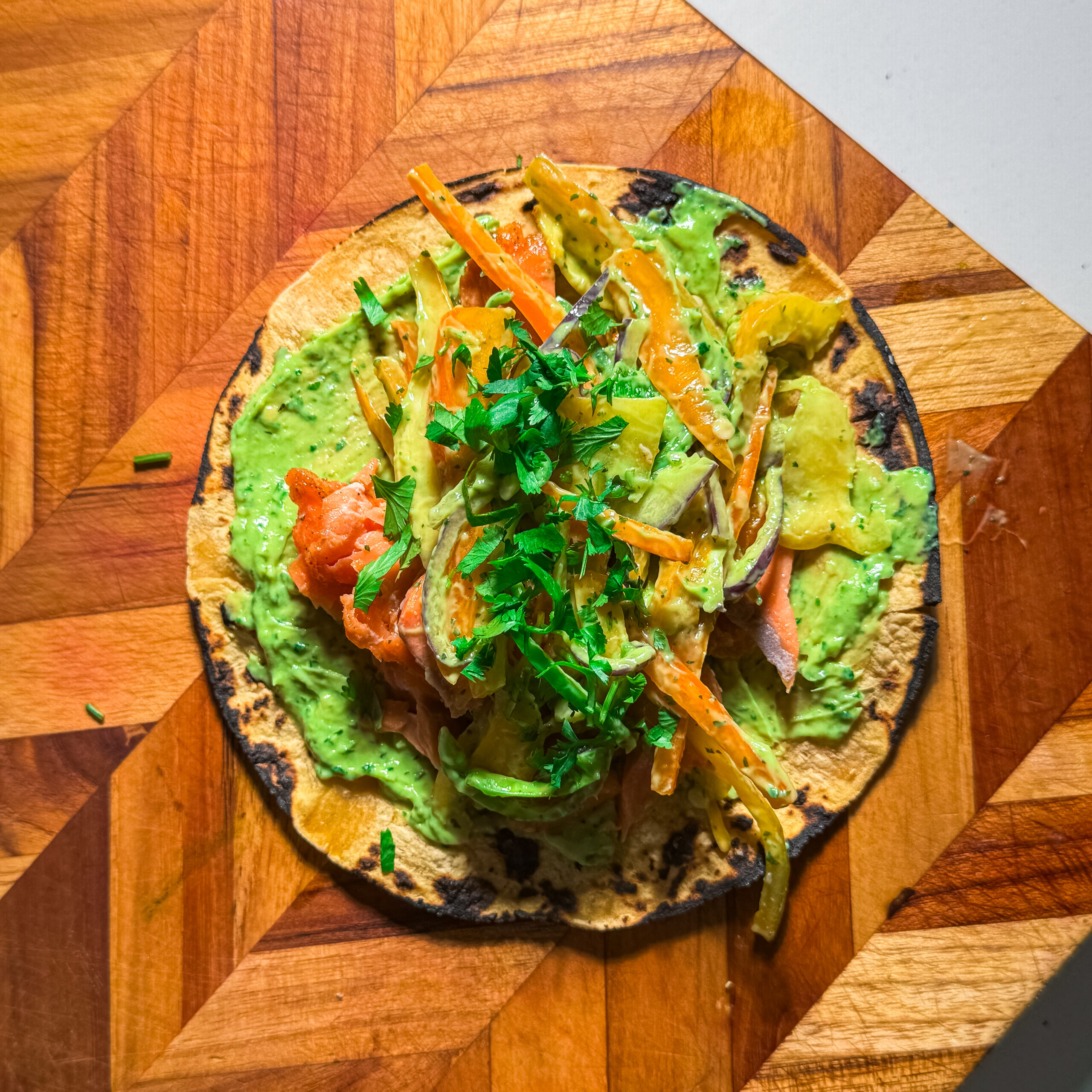 hot honey salmon tacos with bell pepper slaw