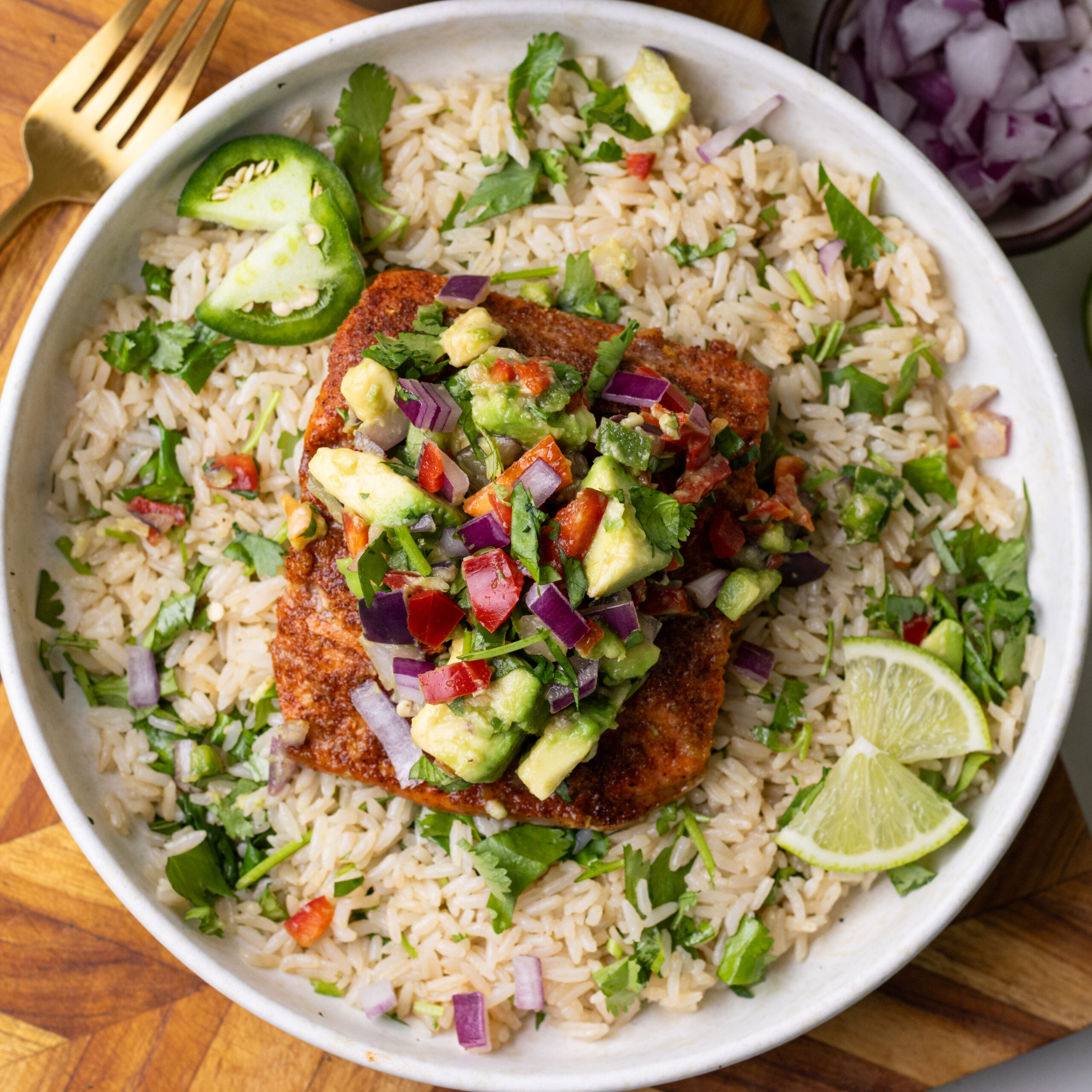 chili maple salmon with avocado salsa