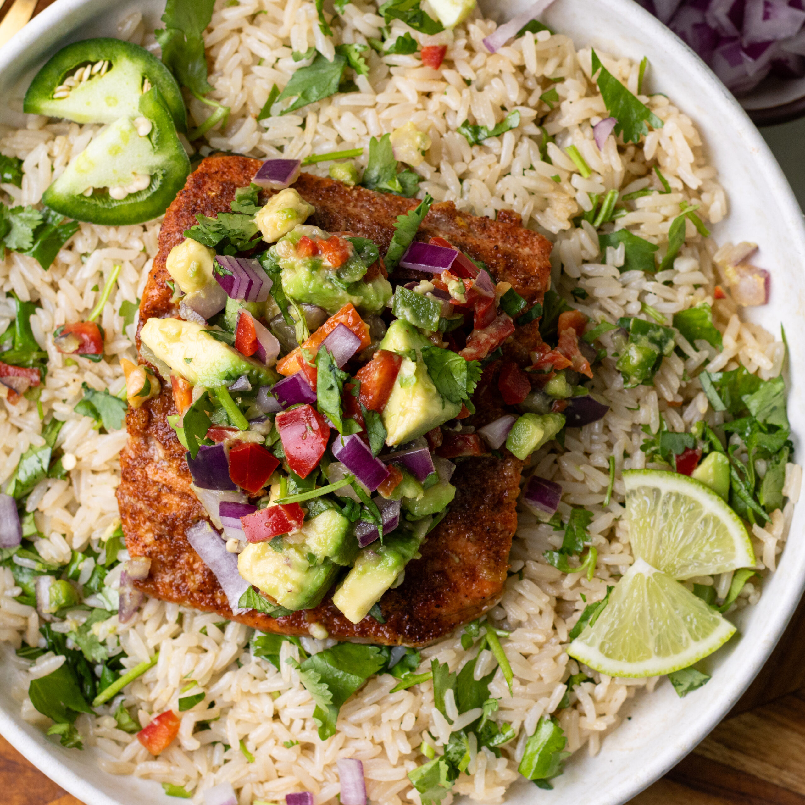 chili maple salmon with avocado salsa