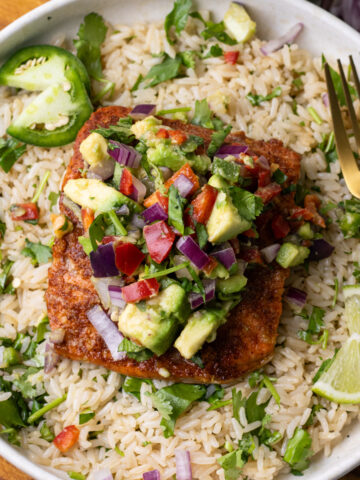 chili maple salmon with avocado salsa