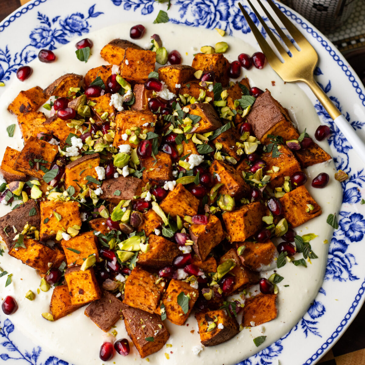 maple roasted sweet potatoes with whipped feta