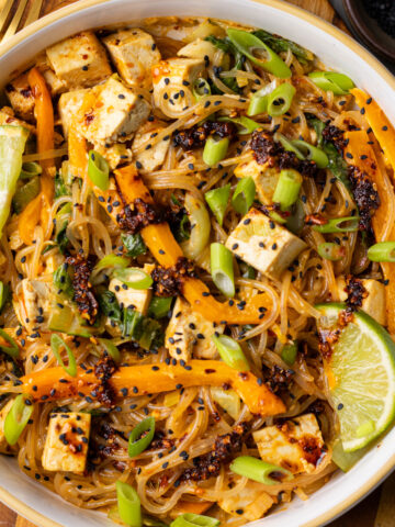 miso tahini noodles with tofu and bok choy