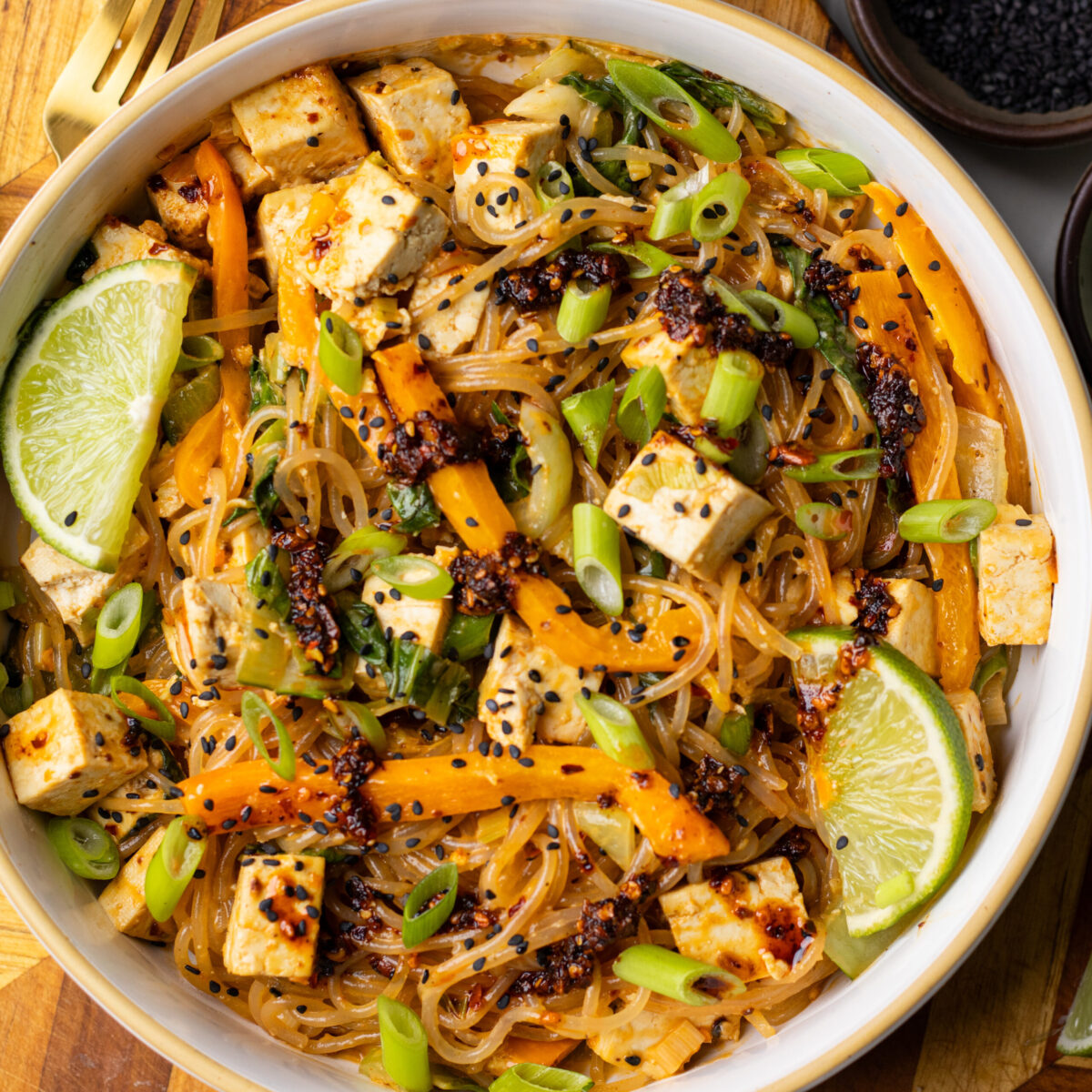 miso tahini noodles with tofu and bok choy