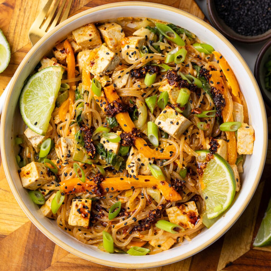miso tahini noodles with tofu and bok choy