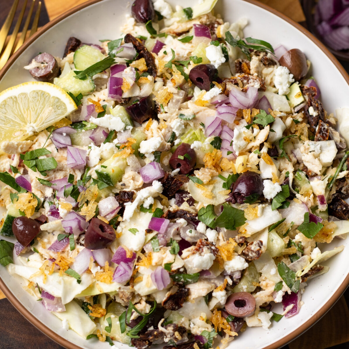 Mediterranean Crispy Rice Chicken Salad with Hummus Dressing
