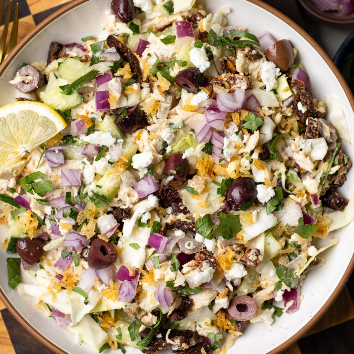 Mediterranean Crispy Rice Chicken Salad with Hummus Dressing