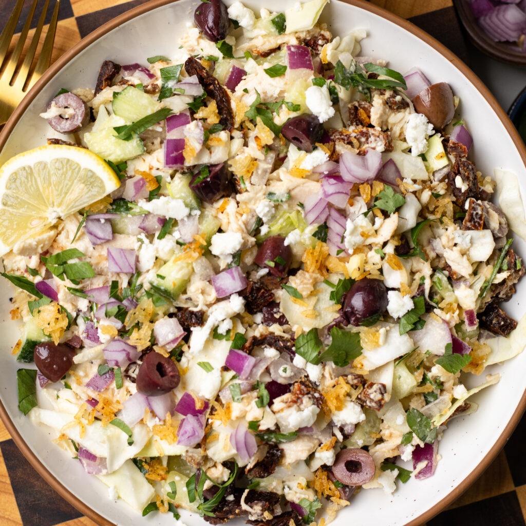 Mediterranean Crispy Rice Chicken Salad with Hummus Dressing