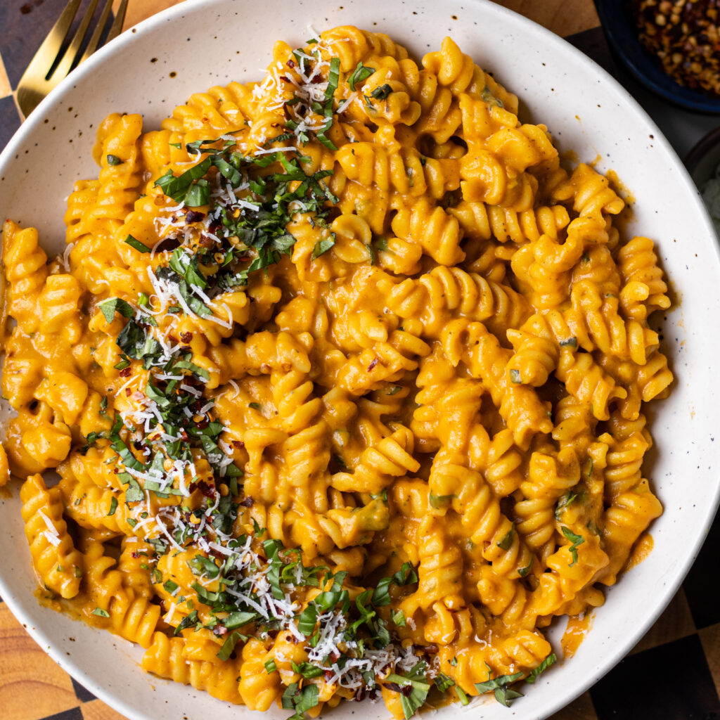 creamy sweet potato and ricotta pasta (high protein)