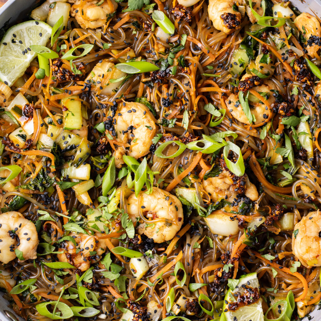 chili crisp glass noodles with shrimp and bok choy