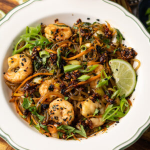 chili crisp glass noodles with shrimp and bok choy