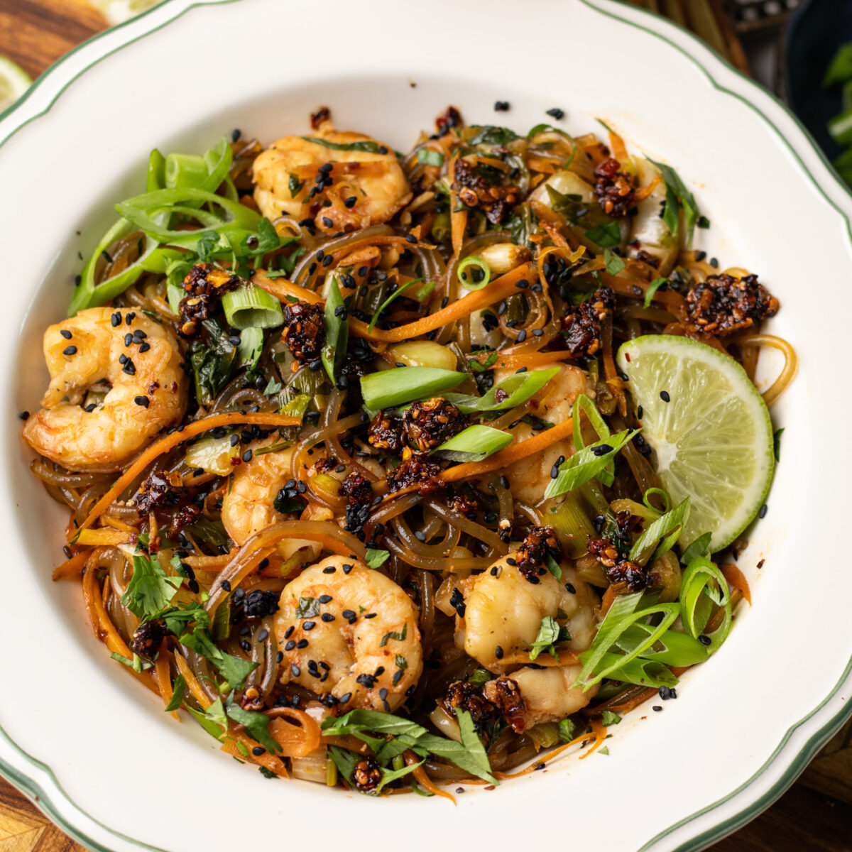 chili crisp glass noodles with shrimp and bok choy