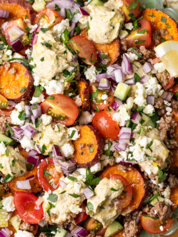 mediterranean sweet potato nachos with ground beef