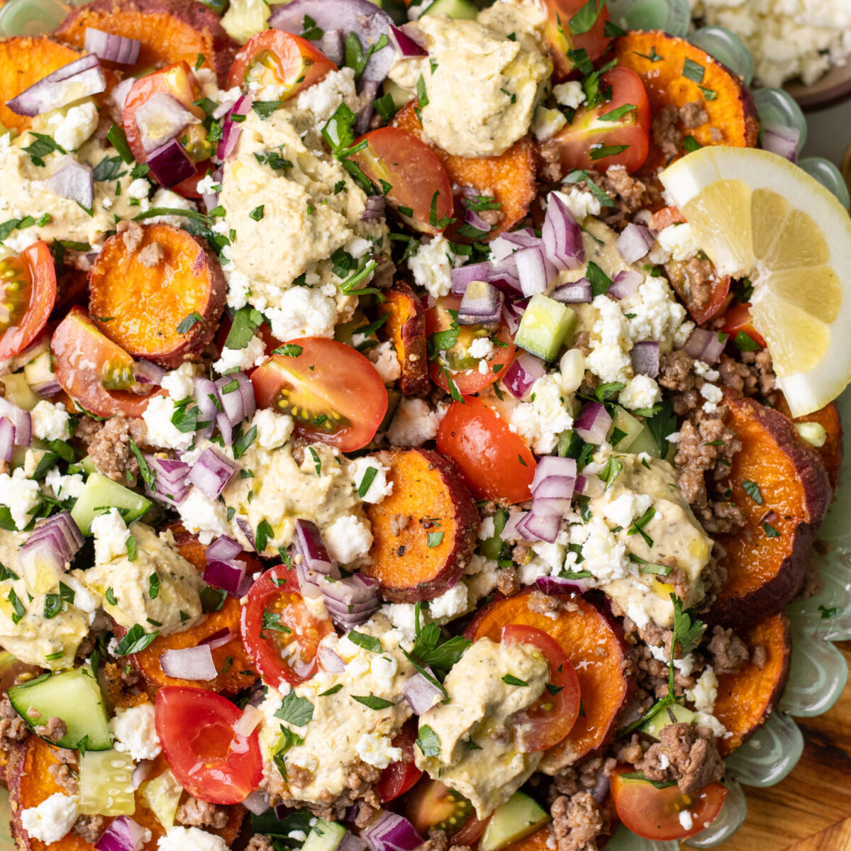 mediterranean sweet potato nachos with ground beef