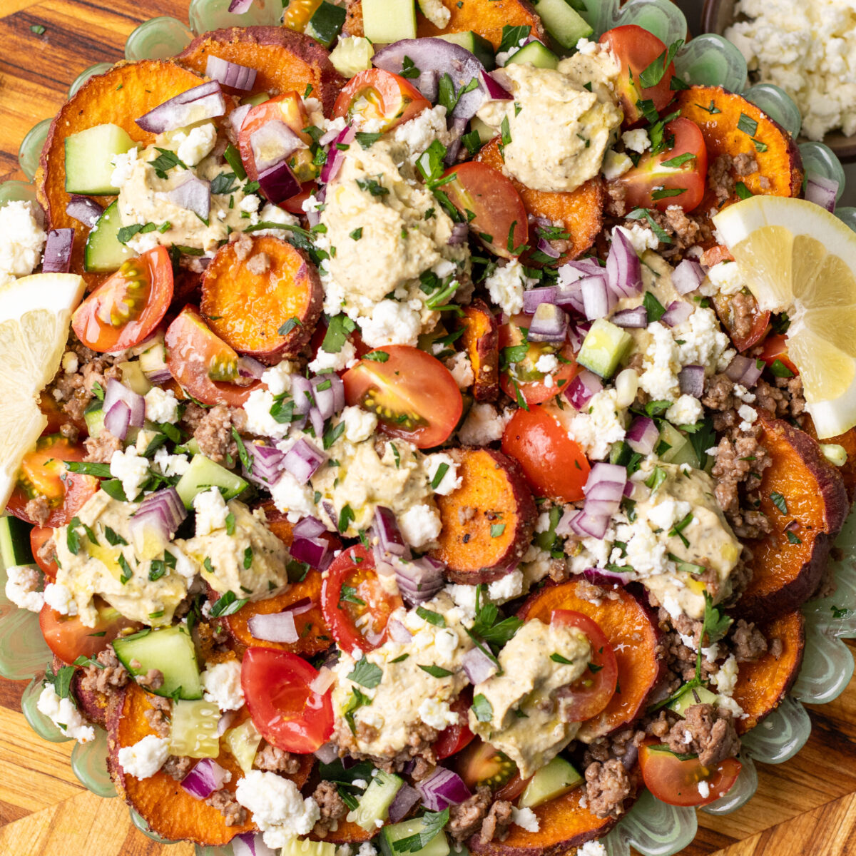 mediterranean sweet potato nachos with ground beef