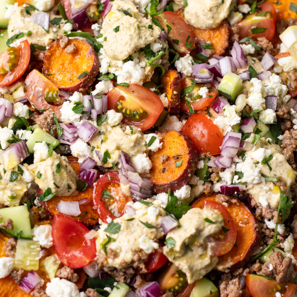 mediterranean sweet potato nachos with ground beef