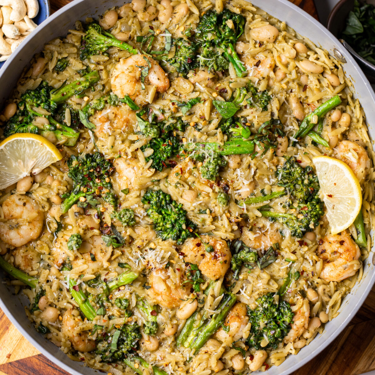 One-Pot Pesto Orzo with Shrimp and Beans