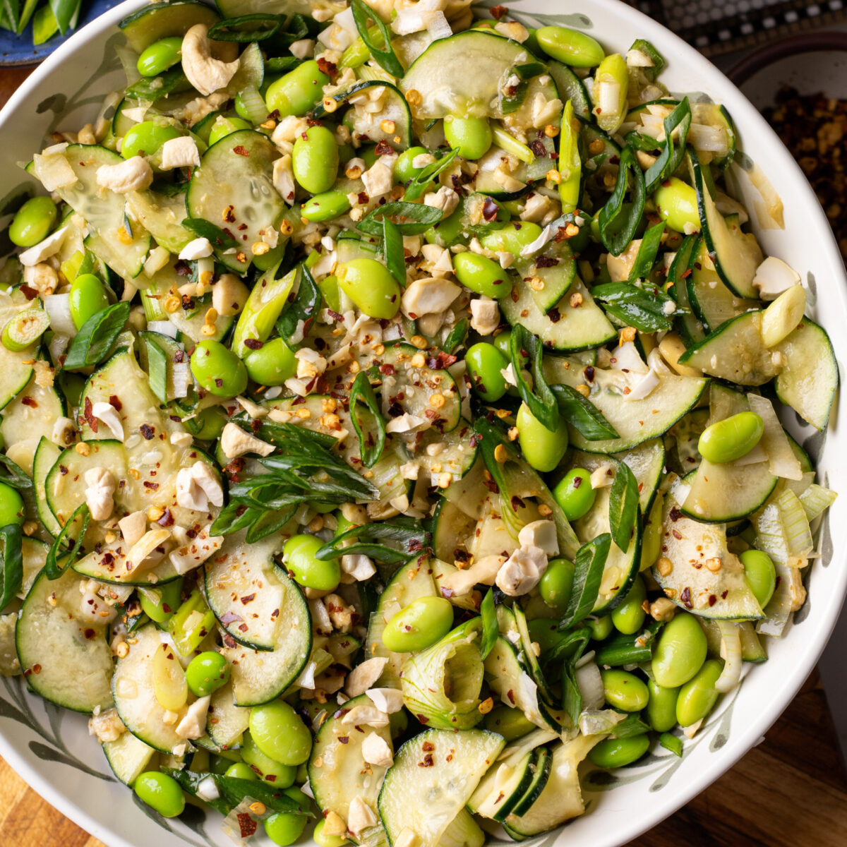 cucumber edamame crunch salad with sesame ginger dressing