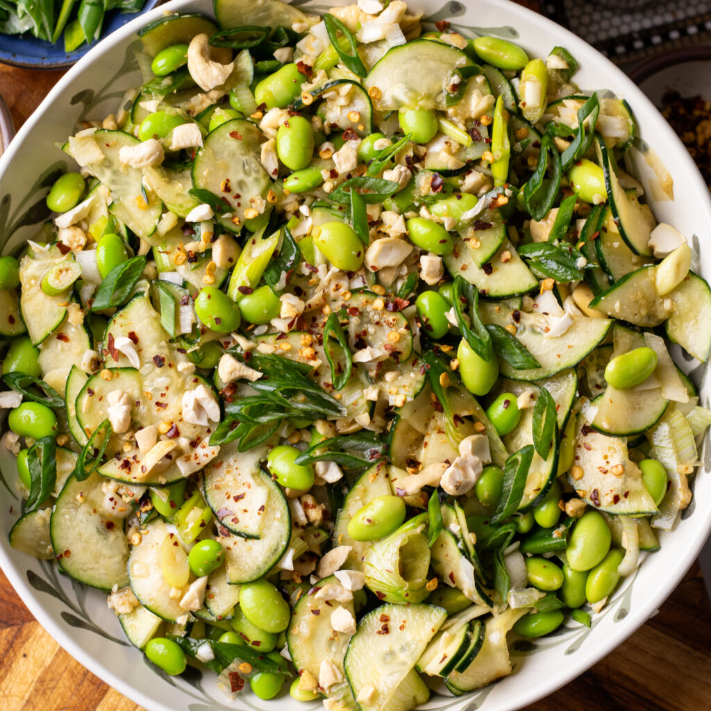 cucumber edamame crunch salad with sesame ginger dressing