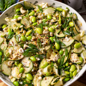 cucumber edamame crunch salad with sesame ginger dressing