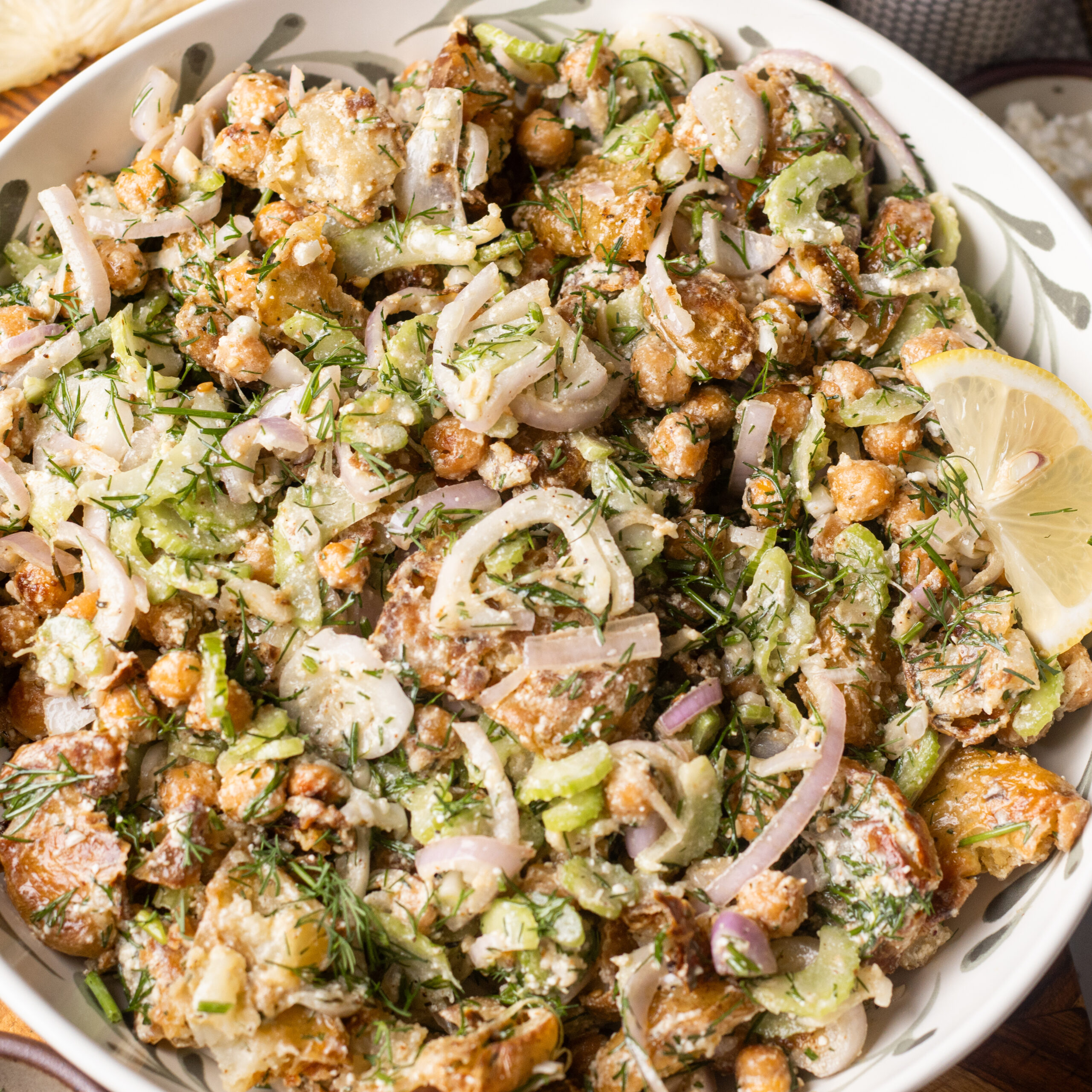 Crispy Smashed Potato Salad with Lemon Feta Dressing