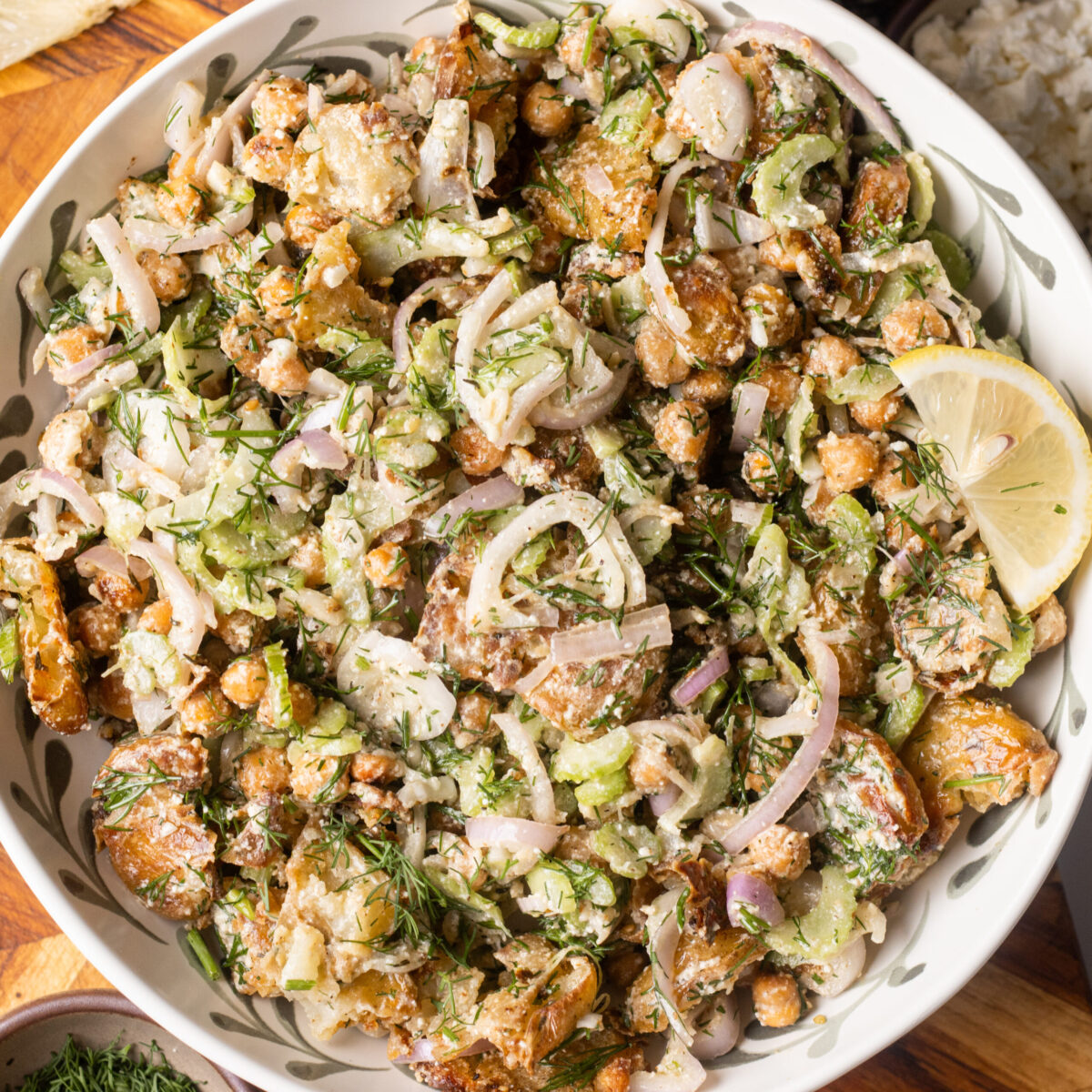 crispy smashed potato salad with lemon feta dressing