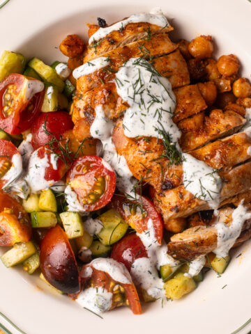 high protein mediterranean chicken thigh bowls