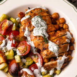 high protein mediterranean chicken thigh bowls