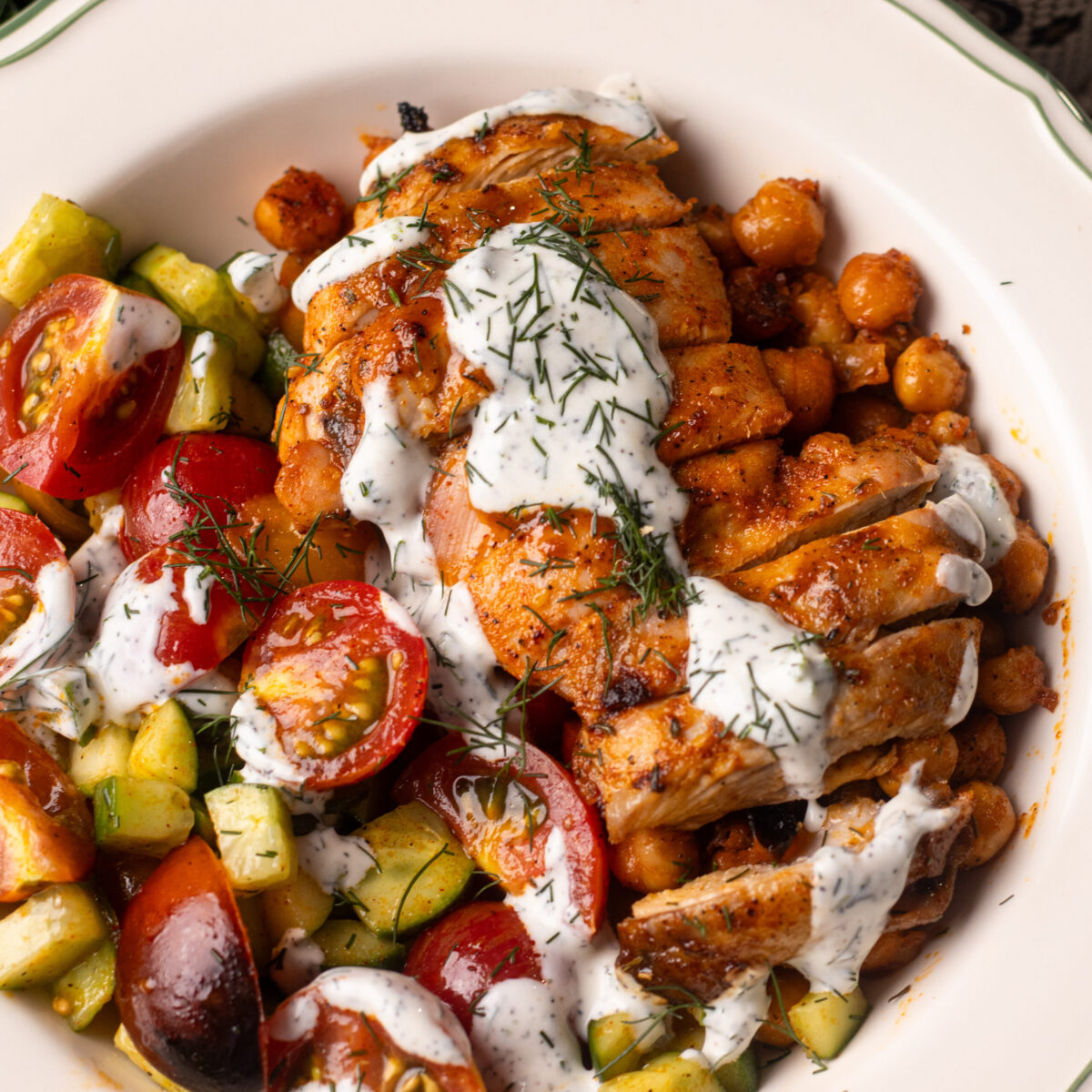 high protein mediterranean chicken thigh bowls
