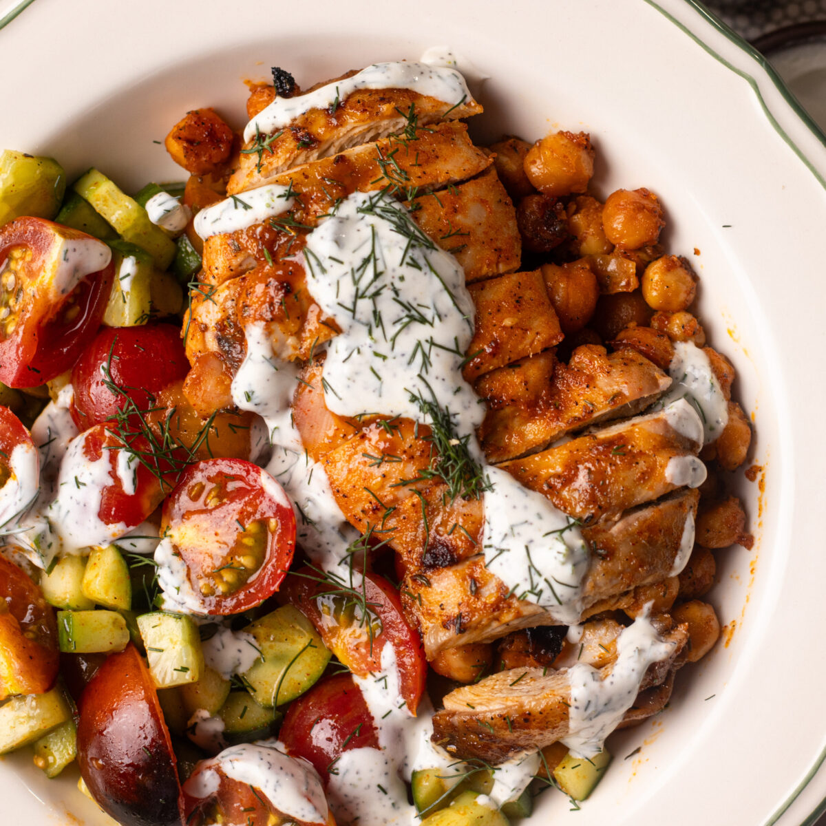 high protein mediterranean chicken thigh bowls