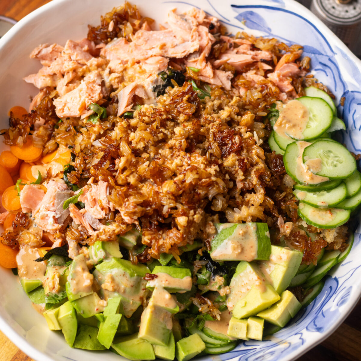Crispy Rice Salmon Sushi Salad with Spicy Mayo Dressing 