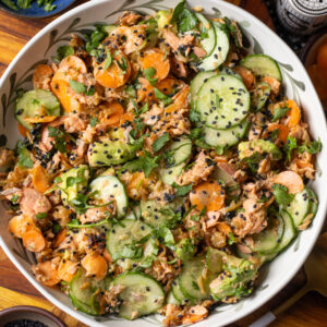 Crispy Rice Salmon Sushi Salad with Spicy Mayo Dressing