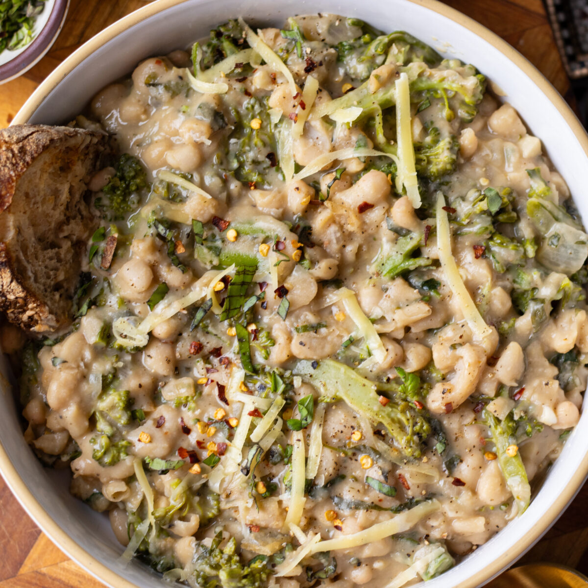 high protein broccoli cheddar beans