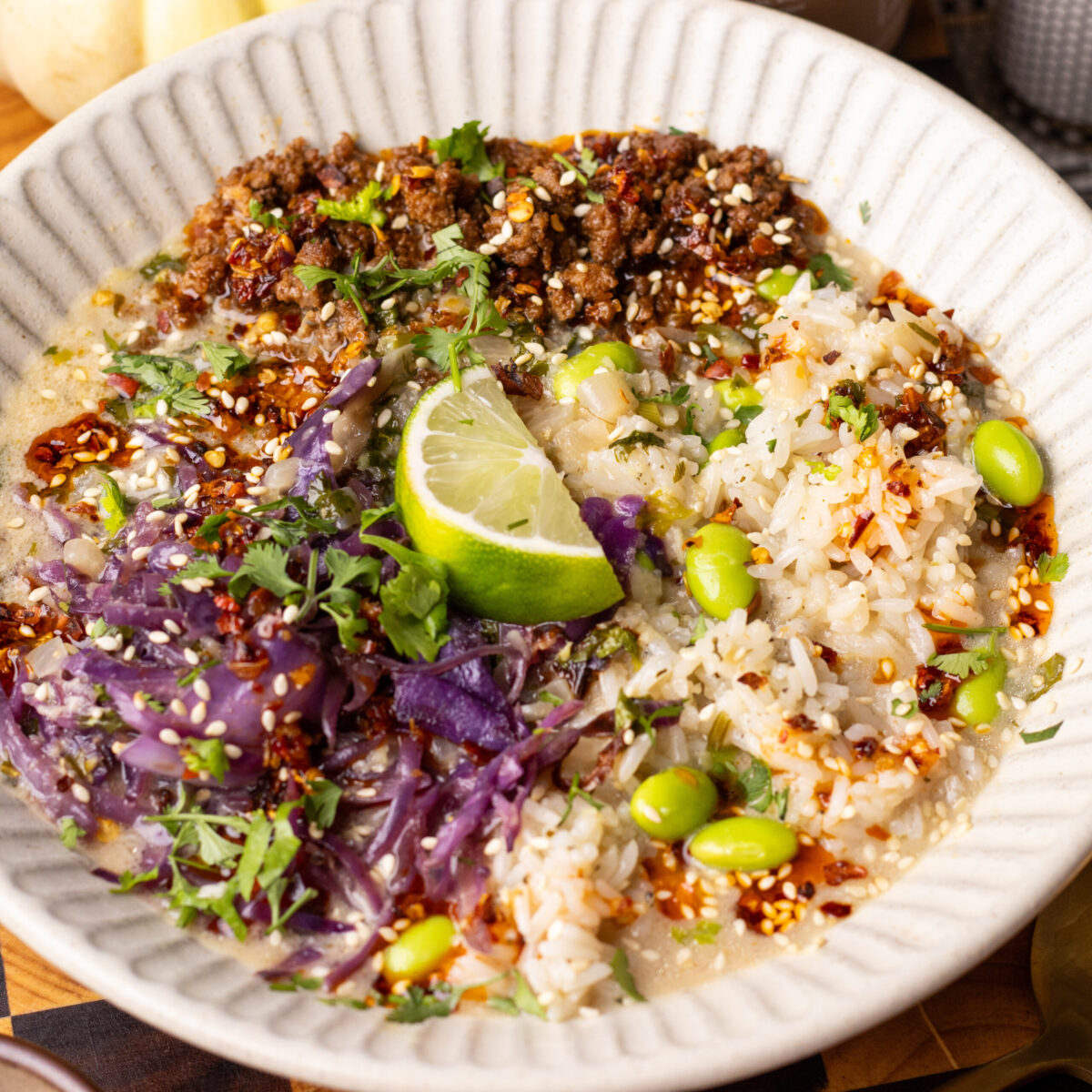 miso broth bowls with beef and edamame rice