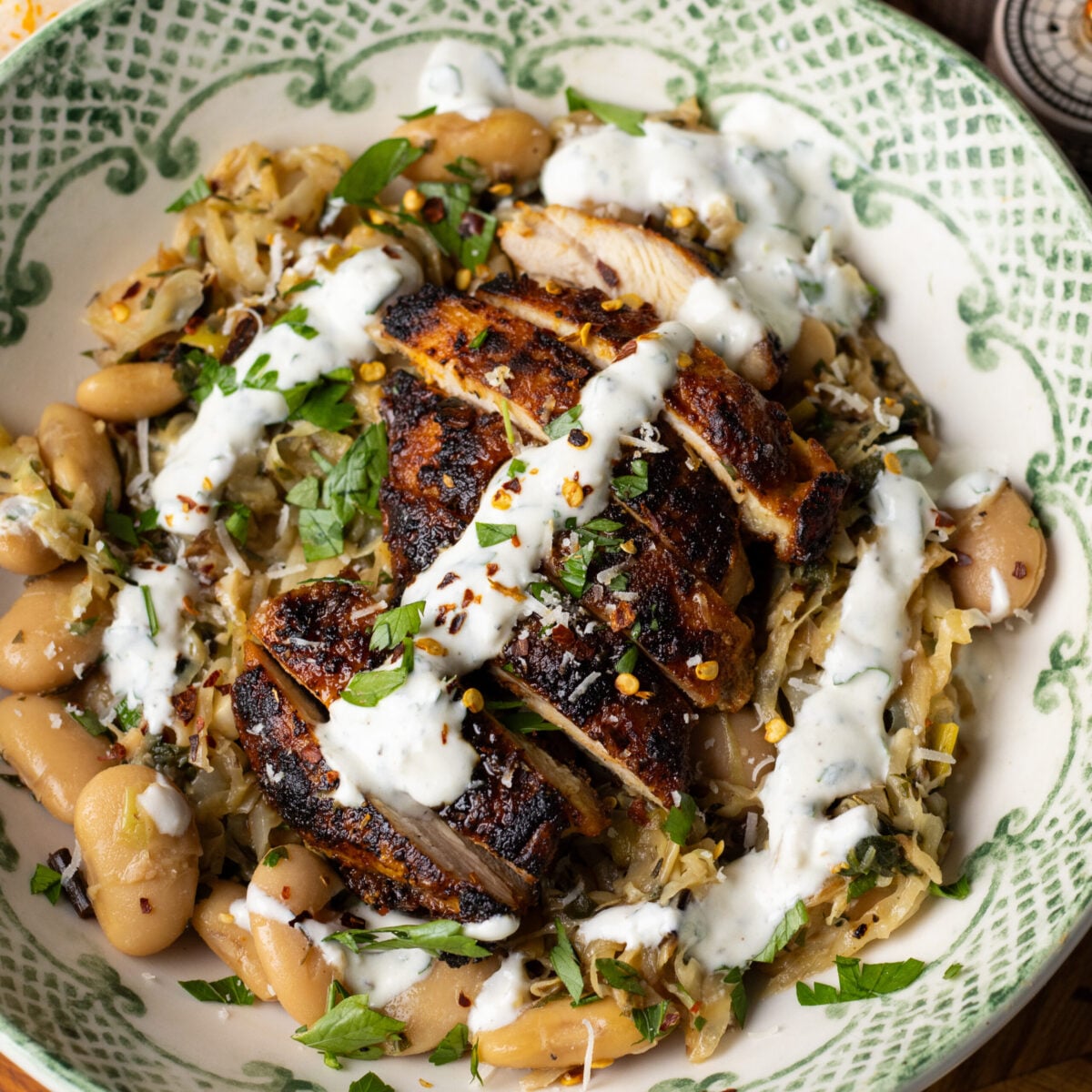 garlic parmesan chicken thighs with beans and cabbage